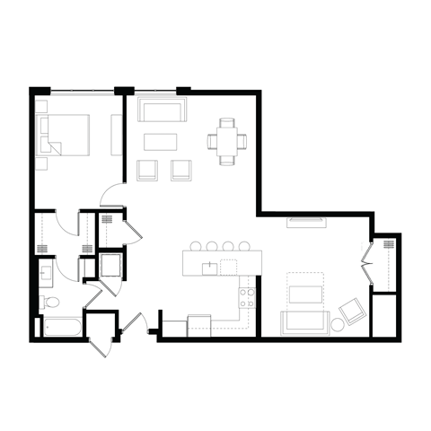 Floor plan for 1 bed, 1 bath, 1115 sqft